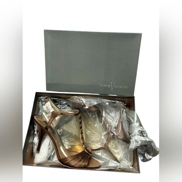 Vince Camuto Satin Brown Bronze Jewelled Heels Size 9 New In Box. - Picture 3 of 6